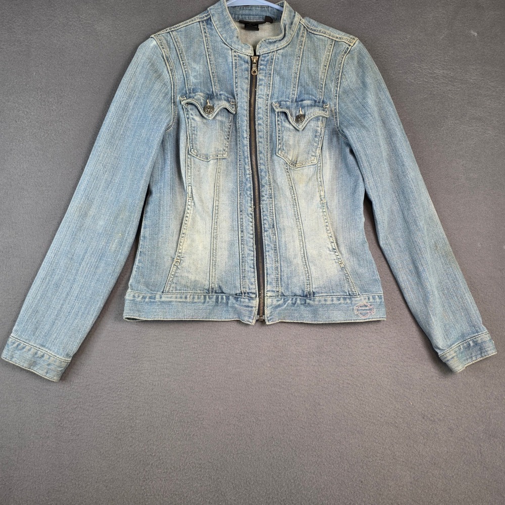 Harley-Davidson Denim Jacket Womens Medium Blue Embroidered Winged Logo Zip Up